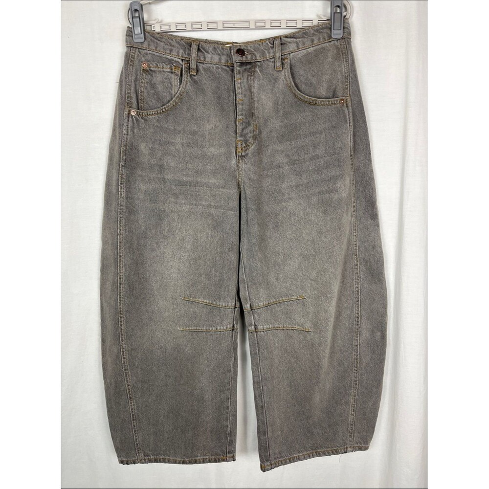 We the Free Lucky You Midrise Gray Cropped Barrel Leg Button Fly Jeans